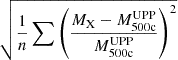 Mathematical equation: $ \sqrt{\frac{1}{n}\sum{\left(\frac{M_{\mathrm{X}}-M^{\mathrm{UPP}}_{\mathrm{500c}}}{M^{\mathrm{UPP}}_{\mathrm{500c}}}\right)^2}} $