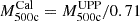 Mathematical equation: $ M_{\mathrm{500c}}^{\mathrm{Cal}} = M_{\mathrm{500c}}^{\mathrm{UPP}}/0.71 $