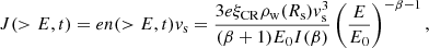 Mathematical equation: $$ \begin{aligned} J(>E,t)=e n(>E,t) v_{\rm s} = \frac{3 e \xi _{\rm CR} \rho _{\rm w}(R_{\rm s}) v_{\rm s}^3}{(\beta +1) E_0 I(\beta )} \left( \frac{E}{E_0} \right)^{-\beta -1}, \end{aligned} $$