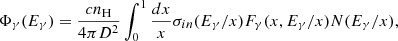 Mathematical equation: $$ \begin{aligned} \Phi _\gamma (E_\gamma )=\frac{c n_{\rm H}}{4\pi D^2} \int _0^1 \frac{dx}{x} \sigma _{in}(E_\gamma /x)F_\gamma (x,E_\gamma /x) N(E_\gamma /x), \end{aligned} $$