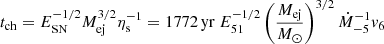 Mathematical equation: $$ \begin{aligned} t_{\rm ch}&=E_{\rm SN}^{-1/2}M_{\rm ej}^{3/2}\eta _{\rm s}^{-1}=1772\,\mathrm{yr} ~E_{51}^{-1/2} \left(\frac{M_{\rm ej}}{M_\odot }\right)^{3/2}\dot{M}_{-5}^{-1}v_6\end{aligned} $$