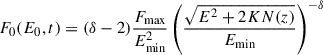 Mathematical equation: $$ \begin{aligned} F_0(E_0,t)=(\delta -2)\frac{F_\mathrm{max} }{E_{\rm {min}}^2} \left( \frac{\sqrt{E^2+2KN(z)}}{E_{\rm {min}}}\right) ^{-\delta } \end{aligned} $$