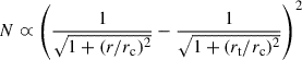 Mathematical equation: $ N \varpropto \left({\frac{1}{\sqrt{1+(r/r_{\mathrm{c}})^2}} - \frac{1}{\sqrt{1 + (r_{\mathrm{t}}/r_{\mathrm{c}})^2}}}\right)^2 $