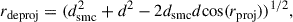 Mathematical equation: $$ \begin{aligned} r_{\rm deproj} = (d_{\rm smc}^2 + d^2 - 2 d_{\rm smc} d \mathrm{cos}(r_{\rm proj}))^{1/2}, \end{aligned} $$