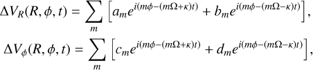Mathematical equation: $\matrix{ {\Delta {V_R}\left( {R,\,\phi ,\,t} \right) = \sum\limits_m {\left[ {{a_m}{e^{i\left( {m\phi - \left( {m\Omega + \kappa } \right)t} \right)}} + {b_m}{e^{i\left( {m\phi - \left( {m\Omega - \kappa } \right)t} \right)}}} \right],} } \hfill \cr {\Delta {V_\phi }\left( {R,\,\phi ,\,t} \right) = \sum\limits_m {\left[ {{c_m}{e^{i\left( {m\phi - \left( {m\Omega + \kappa } \right)t} \right)}} + {d_m}{e^{i\left( {m\phi - \left( {m\Omega - \kappa } \right)t} \right)}}} \right],} } \hfill \cr } $