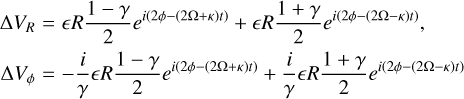 Mathematical equation: $\matrix{ {\Delta {V_R} = R{{1 - \gamma } \over 2}{e^{i\left( {2\phi - \left( {2\Omega + \kappa } \right)t} \right)}} + R{{1 + \gamma } \over 2}{e^{i\left( {2\phi - \left( {2\Omega - \kappa } \right)t} \right)}},} \cr {\Delta {V_\phi } = - {i \over \gamma }R{{1 - \gamma } \over 2}{e^{i\left( {2\phi - \left( {2\Omega + \kappa } \right)t} \right)}} + {i \over \gamma }R{{1 + \gamma } \over 2}{e^{i\left( {2\phi - \left( {2\Omega - \kappa } \right)t} \right)}}.} \cr } $