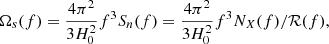 Mathematical equation: $ \Omega_{s}(f) = \frac{4\pi^2}{3H_0^2} f^3 S_n(f) = \frac{4\pi^2}{3H_0^2} f^3 N_X(f) /{\cal R}(f), $