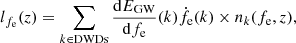 Mathematical equation: $$ \begin{aligned} l_{f_\mathrm{e} }(z) = \sum _{k\in \mathrm{DWDs} }\frac{\mathrm{d} E_\mathrm{GW} }{\mathrm{d} f_\mathrm{e} }(k)\dot{f_\mathrm{e} }(k)\times n_k(f_\mathrm{e} ,z) , \end{aligned} $$