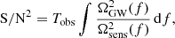 Mathematical equation: $$ \begin{aligned} \mathrm{S/N} ^2 = T_\mathrm{obs} \int \frac{\Omega _{\mathrm{GW} }^2(f)}{\Omega _{\mathrm{sens} }^2(f)} \, \mathrm{d} f, \end{aligned} $$