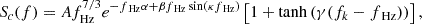 Mathematical equation: $$ \begin{aligned} S_c(f) = A f^{7/3}_{\text{Hz}} e^{-f_{\text{ Hz}} \alpha + \beta f_{\text{ Hz}}\sin (\kappa f_{\text{ Hz}}) } \left[1 + \tanh \left(\gamma (f_k - f_{\text{ Hz}})\right)\right] , \end{aligned} $$