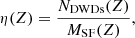 Mathematical equation: $$ \begin{aligned} \eta (Z) = \frac{N_\mathrm{DWDs} (Z)}{M_\mathrm{SF} (Z)} , \end{aligned} $$