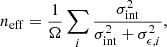 Mathematical equation: $$ \begin{aligned} n_{\rm eff} = \frac{1}{\Omega }\sum _i\frac{\sigma ^2_{\rm int}}{\sigma ^2_{\rm int} + \sigma ^2_{\epsilon , i}}, \end{aligned} $$
