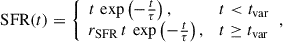 Mathematical equation: $$ \begin{aligned} \mathrm{SFR} (t) = {\left\{ \begin{array}{ll} t \, \exp \left(-\frac{t}{\tau }\right),&t < t_\mathrm{var} \\ r_{\rm SFR} \, t \, \exp \left(-\frac{t}{\tau }\right),&t \ge t_\mathrm{var} \end{array}\right.} ,\end{aligned} $$