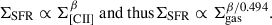 Mathematical equation: $$ \begin{aligned} \Sigma _{\mathrm{SFR} } \propto \Sigma ^\beta _\mathrm{[CII]} \text{ and} \text{ thus} \Sigma _{\mathrm{SFR} } \propto \Sigma _{\mathrm{gas} }^{\beta /0.494}. \end{aligned} $$