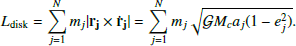 Mathematical equation: $$ \begin{aligned} L_{\rm disk} = \sum _{j=1}^N m_j |\mathbf{r_j } \times \mathbf{{\dot{r}}_j }| = \sum _{j=1}^N m_j \sqrt{\mathcal{G} M_c a_j (1-e_j^2)}. \end{aligned} $$