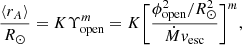 Mathematical equation: $$ \begin{aligned} \frac{\langle r_A\rangle }{R_{\odot }}= K \Upsilon _{\text{open}}^m = K\bigg [\frac{\phi _{\text{open}}^2/R_{\odot }^2}{\dot{M} v_{\text{esc}}}\bigg ]^m, \end{aligned} $$