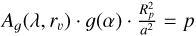 Mathematical equation: $\[A_{g}(\lambda, r_{v}) \cdot g(\alpha) \cdot \frac{R_{p}^{2}}{a^{2}}=p\]$