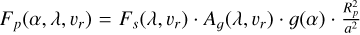 Mathematical equation: $\[F_{p}(\alpha, \lambda, v_{r})=F_{s}(\lambda, v_{r}) \cdot A_{g}(\lambda, v_{r}) \cdot g(\alpha) \cdot \frac{R_{p}^{2}}{a^{2}}\]$