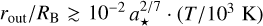 Mathematical equation: ${r_{{\rm{out}}}}/{R_{\rm{B}}} \mathbin{\lower.3ex\hbox{$\buildrel>\over {\smash{\scriptstyle\sim}\vphantom{_x}}$}} {10^{ - 2}}\,\cdot\,a_ \star ^{2/7}\,\cdot\,\left( {T/{{10}^3}{\rm{K}}} \right)\,\cdot\,{\left( {{m_{{\rm{BH}}}}/100\,{{\rm{M}}_ \odot }} \right)^{ - 4/7}}$