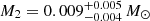 Mathematical equation: $ M_2 = 0.009^{+0.005}_{-0.004}\,M_{\odot} $