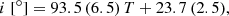 Mathematical equation: $$ \begin{aligned} i\;[^\circ ] = 93.5\,(6.5)\,T + 23.7\,(2.5), \end{aligned} $$