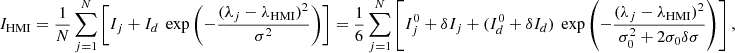 Mathematical equation: $$ \begin{aligned} I_{\rm HMI}&= \frac{1}{N} \sum _{j = 1}^N \left[ I_j + I_d \,\text{ exp} \left(- \frac{(\lambda _j - \lambda _{\rm HMI})^2}{\sigma ^2} \right) \right]= \frac{1}{6} \sum _{j = 1}^N \left[ I_j^0 + \delta I_j + (I_d^0 + \delta I_d) \,\text{ exp} \left(- \frac{(\lambda _j - \lambda _{\rm HMI})^2}{\sigma _0^2 + 2 \sigma _0 \delta \sigma } \right) \right], \end{aligned} $$