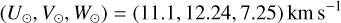 Mathematical equation: $\[\left(U_{\odot}, V_{\odot}, W_{\odot}\right)=(11.1,12.24,7.25) ~\mathrm{km} \mathrm{~s}^{-1}\]$