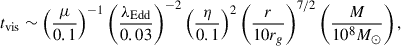 Mathematical equation: $$ \begin{aligned} t_{\rm vis} \sim \left( \frac{\mu }{0.1}\right)^{-1} \left(\frac{\lambda _{\rm Edd}}{0.03}\right)^{-2} \left(\frac{\eta }{0.1}\right)^{2} \left(\frac{r}{10r_{g}}\right)^{7/2} \left(\frac{M}{10^{8} M_{\odot }} \right), \end{aligned} $$