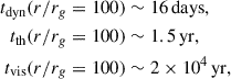 Mathematical equation: $$ \begin{aligned} t_{\rm dyn} (r/r_{g}= 100)&\sim 16\,\mathrm{days},\\ t_{\mathrm{th}} (r/r_{g}= 100)&\sim 1.5\,\mathrm{yr},\\ t_{\mathrm{vis}} (r/r_{g}= 100)&\sim 2\times 10^{4}\,\mathrm{yr}, \end{aligned} $$