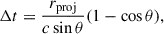 Mathematical equation: $$ \begin{aligned} \Delta t = \frac{r_{\rm proj}}{c \sin \theta } (1-\cos \theta ), \end{aligned} $$