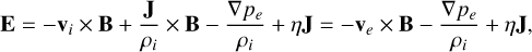 Mathematical equation: \mathbf{E} = -\mathbf{v}_i \times \mathbf{B} + \frac{\mathbf{J}}{\rho_i} \times \mathbf{B} - \frac{\nabla p_e}{\rho_i} + \eta \mathbf{J} = -\mathbf{v}_e \times \mathbf{B} - \frac{\nabla p_e}{\rho_i} + \eta \mathbf{J,}