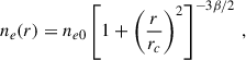 Mathematical equation: $$ \begin{aligned} n_e(r) = n_{e0}\left[1 + \left(\frac{r}{r_c}\right)^2\right]^{-3\beta /2}\, , \end{aligned} $$