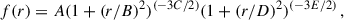 Mathematical equation: $$ \begin{aligned} f(r) = A (1+ (r/B)^{2})^{(-3C/2)} (1+ (r/D)^{2})^{(-3E/2)} \,, \end{aligned} $$