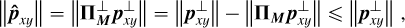 Mathematical equation: \begin{align*} \left\lVert\boldsymbol{\hat{p}}_{xy}\right\rVert = \left\lVert\boldsymbol{\Pi}^\perp_{\boldsymbol{M}}\boldsymbol{p}_{xy}^\perp\right\rVert = \left\lVert\boldsymbol{p}_{xy}^\perp\right\rVert - \left\lVert\boldsymbol{\Pi}_{\boldsymbol{M}}\boldsymbol{p}_{xy}^\perp\right\rVert \le \left\lVert\boldsymbol{p}_{xy}^\perp\right\rVert\,, \end{align*}