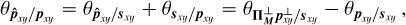 Mathematical equation: \begin{align*} \theta_{\boldsymbol{\hat{p}}_{xy}/\boldsymbol{p}_{xy}} = \theta_{\boldsymbol{\hat{p}}_{xy}/\boldsymbol{s}_{xy}} + \theta_{\boldsymbol{s}_{xy}/\boldsymbol{p}_{xy}} = \theta_{\boldsymbol{\Pi}^\perp_{\boldsymbol{M}}\boldsymbol{p}_{xy}^\perp/\boldsymbol{s}_{xy}} - \theta_{\boldsymbol{p}_{xy}/\boldsymbol{s}_{xy}}\,, \end{align*}