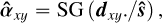 Mathematical equation: \boldsymbol{\hat{\alpha}}_{xy} = \text{SG}\left(\boldsymbol{d}_{xy}./\boldsymbol{\hat{s}}\right),\,