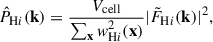 Mathematical equation: $$ \begin{aligned} \hat{P}_{\mathrm{H}i }(\mathbf k )&= \frac{V_\text{cell}}{\sum _\mathbf x w_{\mathrm{H}i }^2(\mathbf x )}|\tilde{F}_{\mathrm{H}i }(\mathbf k )|^2,\end{aligned} $$