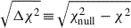 Mathematical equation: $ \sqrt{\Delta \chi^2}\,{\equiv}\,\sqrt{\chi^2_{\mathrm{null}} - \chi^2} $