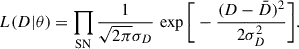 Mathematical equation: $$ \begin{aligned} L(D|\theta ) = \prod _{\mathrm{SN} } \frac{1}{\sqrt{2\pi }\sigma _D} \, \exp \Bigg [-\frac{(D - \bar{D})^2}{2 \sigma _D^2}\Bigg ]. \end{aligned} $$