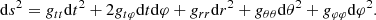 Mathematical equation: $$ \begin{aligned} \mathrm{d} s^2 = g_{tt} \mathrm{d} t^2 + 2 g_{t\varphi } \mathrm{d} t \mathrm{d} \varphi + g_{rr} \mathrm{d} r^2 + g_{\theta \theta } \mathrm{d} \theta ^2 + g_{\varphi \varphi } \mathrm{d} \varphi ^2. \end{aligned} $$