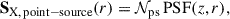 Mathematical equation: $$ \begin{aligned} \mathbf{S }_{\rm X,\,point-source}(r) = \mathcal{N} _{\rm ps}\,\mathrm{PSF}(z, r), \end{aligned} $$