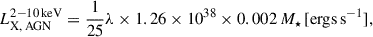 Mathematical equation: $$ \begin{aligned} L_{\rm X,\,AGN}^\mathrm{2{-}10\,keV} = \frac{1}{25}{\lambda \times 1.26 \times 10^{38} \times 0.002\,M_\star \,[\mathrm{ergs\,s^{-1}}]}, \end{aligned} $$