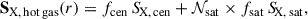 Mathematical equation: $$ \begin{aligned} \mathbf{S }_{\rm X,\,hot\,gas}(r) = f_{\rm cen}\,{S\!}_{\rm X,\,cen} + \mathcal{N} _{\rm sat} \times f_{\rm sat}\,{S\!}_{\rm X,\,sat}, \end{aligned} $$