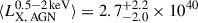 Mathematical equation: $ \langle L_{\mathrm{X,\,AGN}}^\mathrm{0.5{-}2\,keV} \rangle = 2.7_{-2.0}^{+2.2}\times 10^{40} $