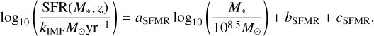 Mathematical equation: $\[\log _{10}\left(\frac{\operatorname{SFR}\left(M_*, z\right)}{k_{\mathrm{IMF}} M_{\odot} \mathrm{yr}^{-1}}\right)=a_{\mathrm{SFMR}} \log _{10}\left(\frac{M_*}{10^{8.5} M_{\odot}}\right)+b_{\mathrm{SFMR}}+c_{\mathrm{SFMR}}.\]$