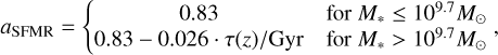 Mathematical equation: $\[a_{\mathrm{SFMR}}=\left\{\begin{array}{cc}0.83 & \text { for } M_* \leq 10^{9.7} M_{\odot} \\0.83-0.026 \cdot \tau(z) / \mathrm{Gyr} & \text { for } M_*>10^{9.7} M_{\odot}\end{array},\right.\]$
