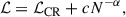 Mathematical equation: $$ \begin{aligned} \mathcal{L} =\mathcal{L} _{\rm CR}+cN^{-\alpha }, \end{aligned} $$