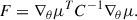 Mathematical equation: $$ \begin{aligned} F = \nabla _{\theta }\mu ^T C^{-1}\nabla _{\theta }\mu . \end{aligned} $$
