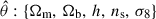 Mathematical equation: $ \hat{\theta}:\{\Omega_{\mathrm{m}},\,\Omega_{\mathrm{b}},\,h,\,n_{\mathrm{s}},\,\sigma_8\} $