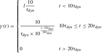 Mathematical equation: $$ \begin{aligned} \gamma (t) = \left\{ \begin{array}{c{\quad }l} \dfrac{10}{\tau _{\rm dyn}}&t < 10\tau _{\rm dyn} \\&\\ \dfrac{10}{\tau _{\rm dyn} \times 10^\frac{t - 10\tau _{\rm dyn}}{10\tau _{\rm dyn}}}&10\tau _{\rm dyn}\le t \le 20\tau _{\rm dyn}. \\&\\ 0&t > 20\tau _{\rm dyn} \end{array} \right. \end{aligned} $$